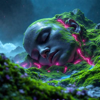 The primary subject of the image is a head with green hair, which is lying on a bed of moss. The head is surrounded by a forest-like environment, giving the scene a serene and natural atmosphere. The visual style of the image is a combination of photo and digital art, creating a unique and intriguing appearance. The dominant colors in the image are green and pink, which contribute to the overall mood of the scene.